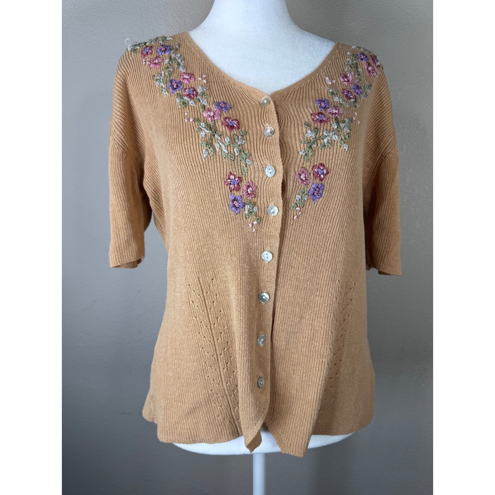 Floral Embroidered Cardigan Sweater Knit Top Short Sleeve S Preppy Grandma - Picture 10 of 12